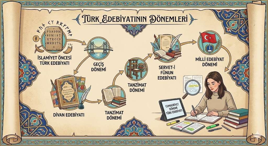 AYT Edebiyat konuları dönem haritası: İslamiyet öncesinden Cumhuriyete Türk edebiyatı dönemlerini gösteren görsel kılavuz.