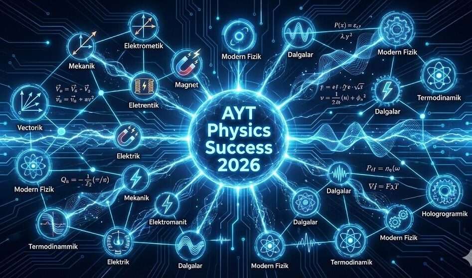 AYT Fizik konularını bir ağaç yapısı veya yıldız haritası şeklinde gösteren dijital görsel, 2026 YKS başarısını simgeliyor.
