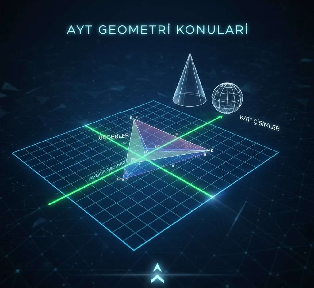 AYT Geometri Konuları listesini ve önemini gösteren, analitik geometri, üçgenler ve katı cisim formüllerinin iç içe geçtiği dinamik bir eğitim görseli.