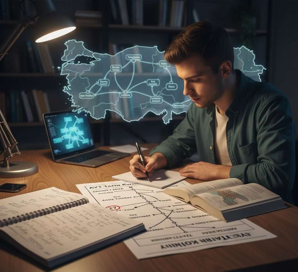 AYT Tarih Konuları 2026 için stratejik çalışma yapan bir öğrenci, kronolojik zaman çizelgesi ve modern bir çalışma ortamında.