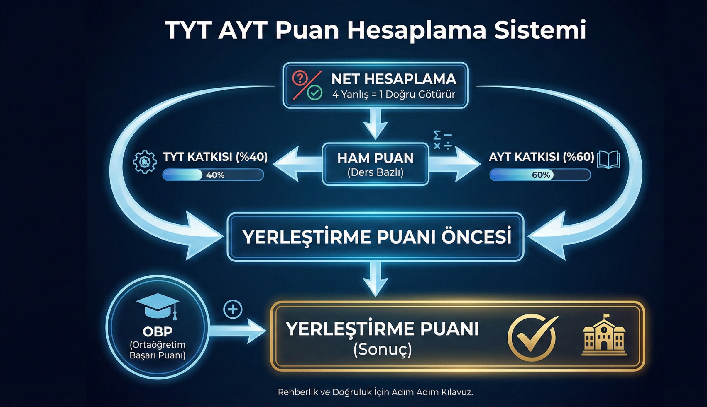 TYT AYT puan hesaplama formülünü, %40 TYT ve %60 AYT ağırlıklarını gösteren adımlı ve modern bir akış şeması.