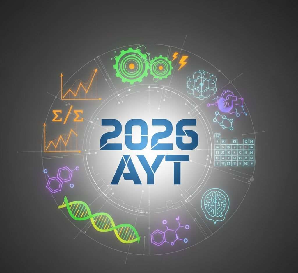 2026 AYT Sayısal Konuları: Matematik, Fizik, Kimya, Biyoloji sembollerini gösteren dijital grafik.