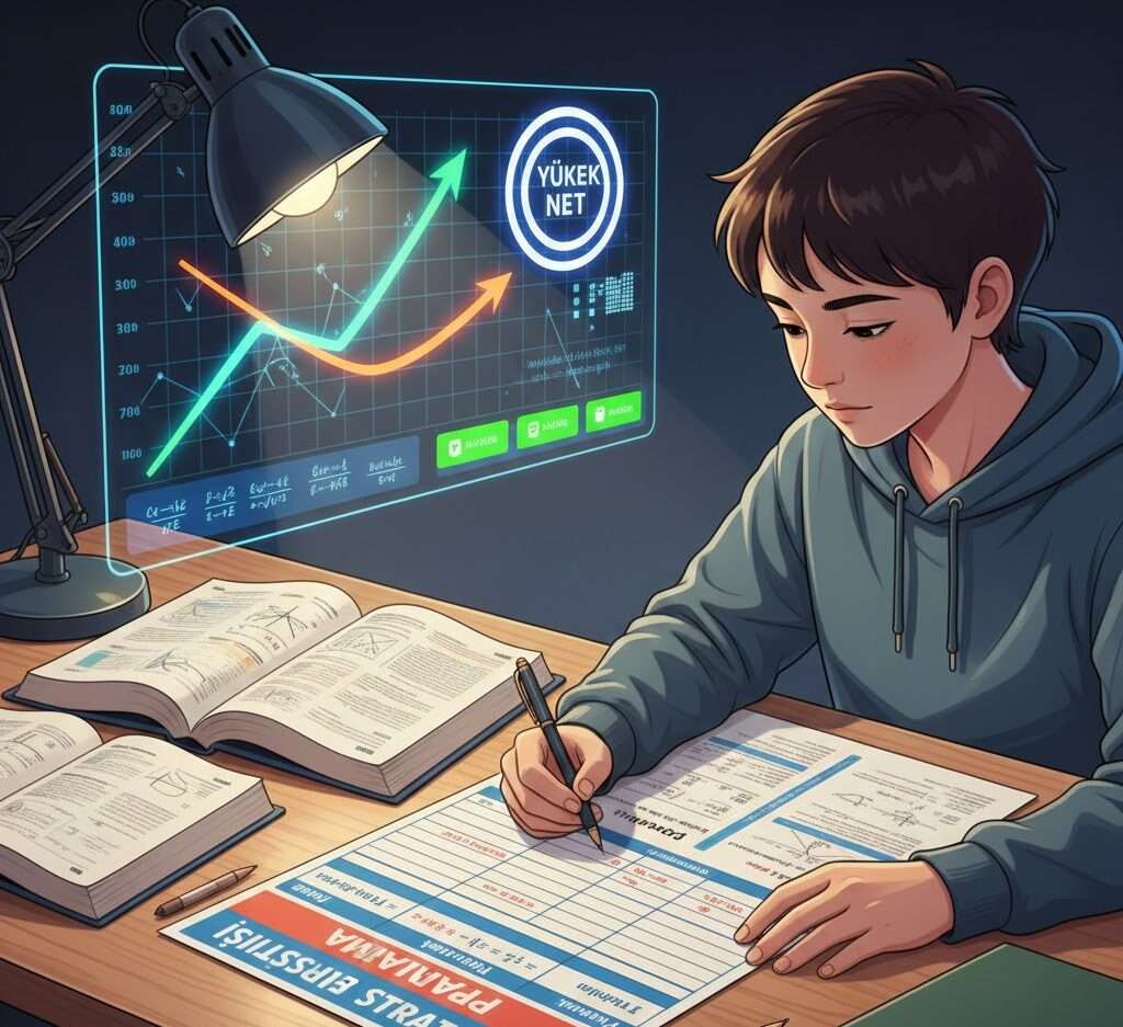 AYT Matematikte yüksek net için çalışma stratejisi uygulayan, planlı ders çalışan odaklanmış öğrenci.